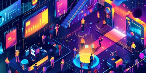 Illustration of a tech product launch event, vibrant and dynamic design 
