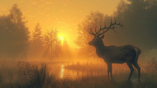 A graceful deer standing in a misty forest at dawn with ample room for text in the background