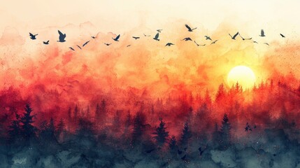 A flock of birds flying at sunrise with the sky painted in warm colors providing ample space for text
