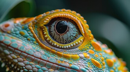 Obraz premium A close-up shot of a lizard's skin texture and eye with a blurred natural background for text