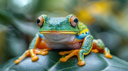 A close-up shot of a colorful tree frog on a leaf with a blurred jungle background for text space