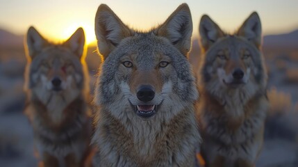 A pack of coyotes howling at dusk with a desert landscape in the background offering ample room for copy
