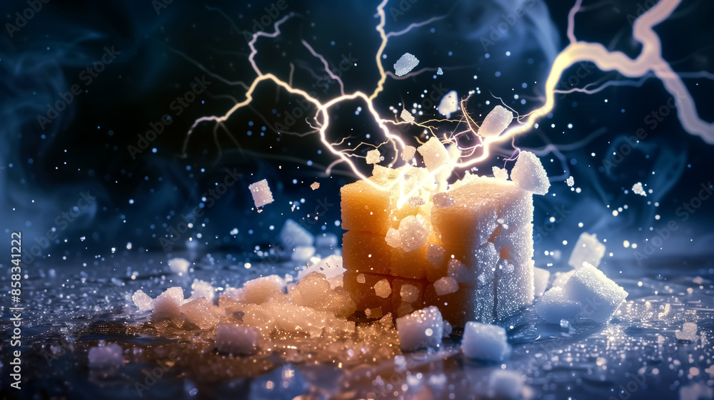 Poster electrifying sugar cube with lightning bolts and scattered sugar crystals in a dark atmospheric sett