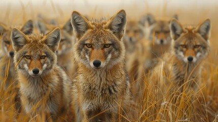 Obraz premium A pack of jackals hunting in the savannah with ample room for copy space