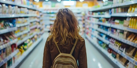 Woman shopping mindfully in supermarket considering health prices and ingredients. Concept Healthy Eating, Grocery Shopping, Mindful Wellness, Nutrition Choices, Budget-Friendly Options