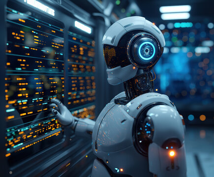 Roboter mit k&uuml;nstlicher Intelligenz, der einen Monitorbildschirm steuert