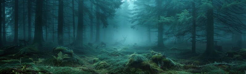 Trees in a forest with fog and moss growing on them, Nature background