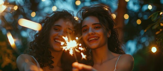 Two Happy Women Having Fun Playing With Sparklers.