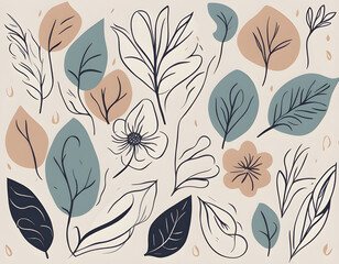 botanical leaf background modern includes a flower line art design and floral organic shape design in a minimalist doodle style. 