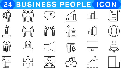 Business people line icons set. Businessman outline icons collection. Teamwork, human resources, meeting, partnership, meeting, work group, success, resume - stock vector.