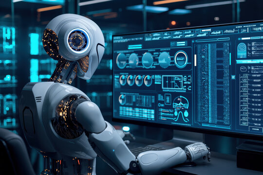 Roboter mit k&uuml;nstlicher Intelligenz, der einen Monitorbildschirm steuert