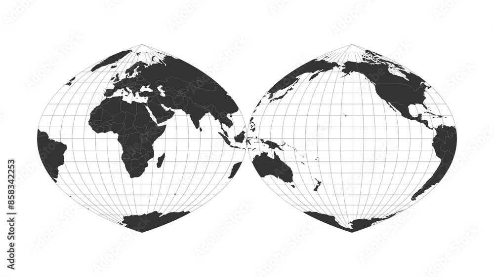 Aufkleber world map. quartic authalic projection interrupted into two hemispheres. animated projection. loopab