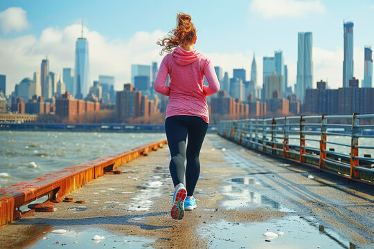 Rear view of energetic young woman in fitness attire joggin along the waterfront near big city in the morning, savoring her outdoor workout