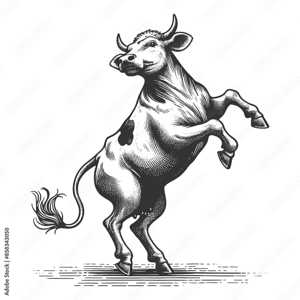 Poster dancing cow showcasing a cheerful and whimsical character sketch engraving generative ai fictional c