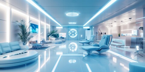 Obraz premium A futuristic office space with sleek, modern furniture and digital interfaces, ambient occlusion,