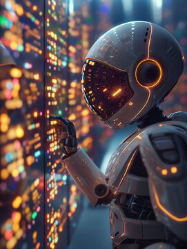 Roboter mit k&uuml;nstlicher Intelligenz, der einen Monitorbildschirm steuert