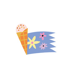 Vector illustration of an ice cream decorated with flowers and leaves. Summer dessert colorful concept. Prints, t shirt, card, bag, cup, branding design idea.