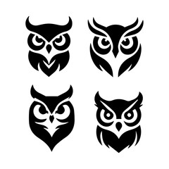 owl face silhouette black and white, Wildlife owl face standing silhouette