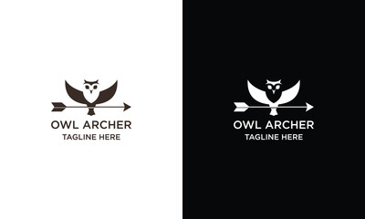 vector silhouette of owl with arrow isolated on white. Stock logo illustration of archery and bird.