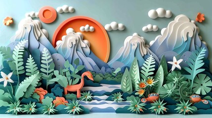 Paper craft alien landscape with bizarre flora and fauna, ideal for sci-fi world-building. Illustration, Minimalism,