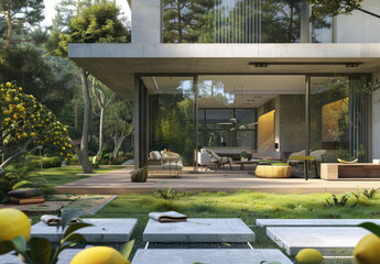 A simple house with glass wall. Created with Ai