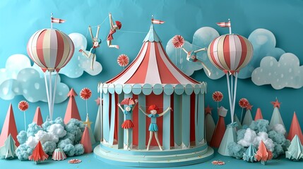 Fototapeta premium Paper craft circus acrobats performing daring feats under the big top, ideal for circus posters. Illustration, Minimalism,