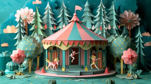 Paper craft circus acrobats performing daring feats under the big top, ideal for circus posters. Illustration, Minimalism,