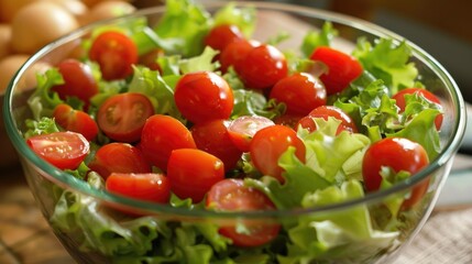 Close up of fresh salad with cherry tomatoes and lettuce in a glass bowl