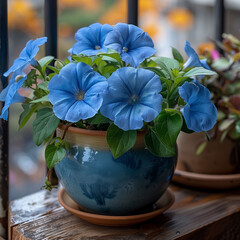 Pot de fleurs bleues sur un balcon