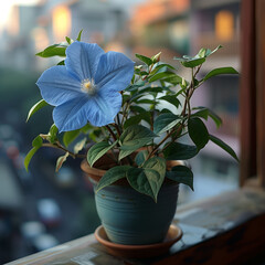 Une fleur bleue dans un pot de fleur pos&eacute; sur le rebord d'une fen&ecirc;tre