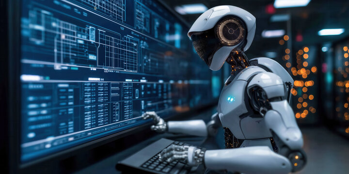 Roboter mit k&uuml;nstlicher Intelligenz, der einen Monitorbildschirm steuert