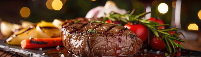 Fototapeta premium Grilled steak with vegetables and herbs on a festive setting, perfect for a delicious and elegant dinner meal.