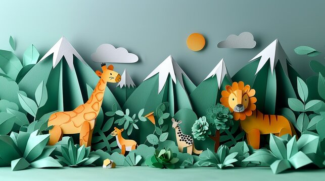 Paper craft jungle expedition with explorers and wildlife, perfect for adventure-themed designs. Illustration, Minimalism,