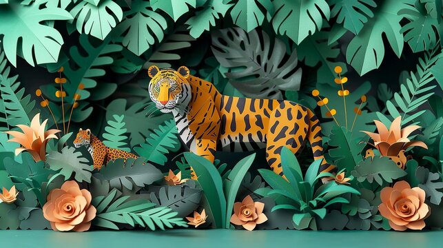 Paper craft jungle expedition with explorers and wildlife, perfect for adventure-themed designs. Illustration, Minimalism,