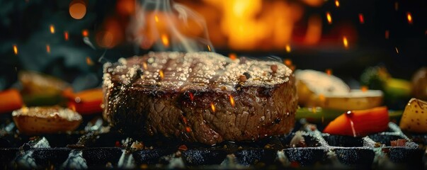 Juicy grilled steak on a barbecue with roasted vegetables in the background. Ideal for food and culinary photography.
