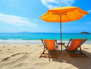 Deckchairs With Parasol In Tropical Beach With Sunny Sand And Ocean