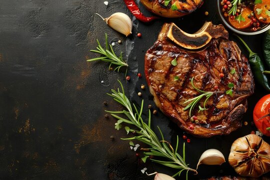 Delicious grilled steak with fresh herbs, garlic, and vegetables on a dark rustic background. Perfect for food and culinary imagery. - Powered by Adobe