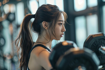 Fototapeta premium A young Asian lady working out with dumbbell in a gym.