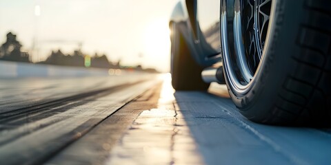 Gripping Closeup Shot of Drag Racing Car Tires on Track with Blurred Road Background. Concept Drag Racing Cars, Closeup Shots, Tires on Track, Blurred Background, Gripping Action