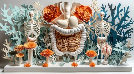 Fototapeta premium A highly detailed paper craft model of the human digestive system, featuring each organ with accuracy, perfect for educational materials and medical illustrations. Illustration, Minimalism,