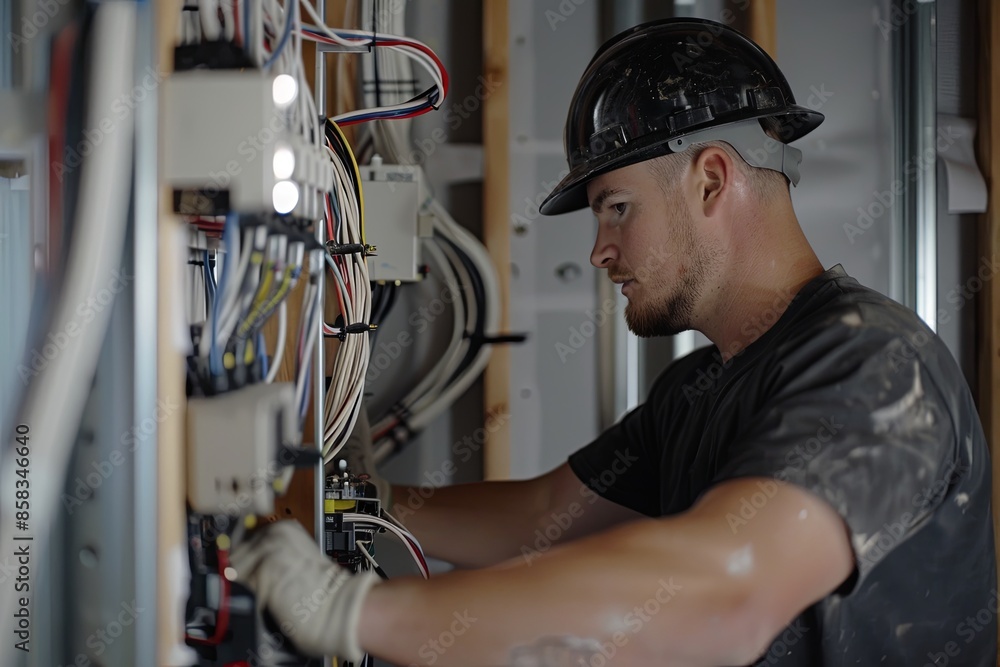 Poster A close-up shot of an electrician working on wiring within an open wall. Generative AI