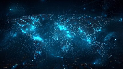 An illuminated world map featuring glowing points and lines representing global digital connections, set against a dark background sprinkled with small bright lights.