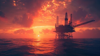 Obraz premium A dramatic sunrise over an offshore oil platform, highlighting the silhouette of the structure 