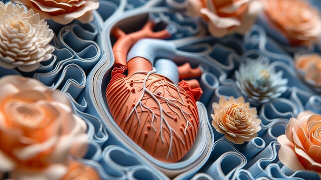 An intricately designed paper craft model of the human cardiovascular system, featuring realistic details of the heart, veins, and arteries, ideal for educational purposes. Illustration, Minimalism,