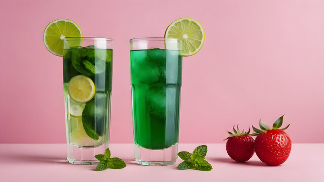 Glasses with refreshing green cocktail, drinks made from fresh fruit with ice and lemon slice, mint, lime, pink background
