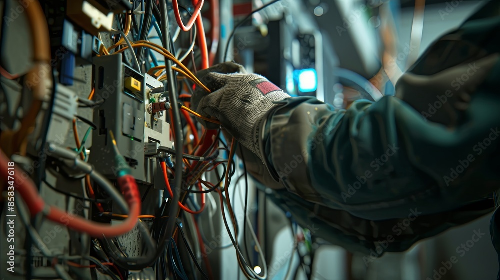 Poster close-up of an electricians gloved hand working on electrical wiring inside an open wall. generative