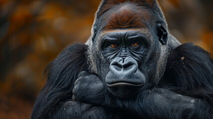 Obraz premium male adult gorilla is in the forest against the background of trees and looks with a stern gaze at the camera