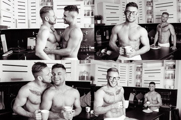 Collage. Young attractive gay couple and their relationship. Love, romance and sorrow.