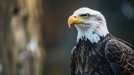 Close up image of a bald eagle perched in a falcrony with space for text