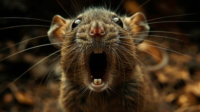 the face of a rat with an open mouth looking at the camera, close-up of a rat's scary evil face